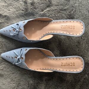 SCHUTZ Light Blue Pointed-Toe Mules with Bow
